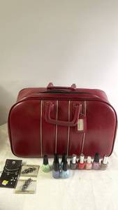 lot 222 image: Red Vintage Suitcase with Jewelry and Nail Polish Collection