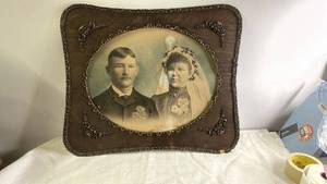 lot 223 image: Antique Wedding Portrait in Ornate Gold Gesso Wood Frame