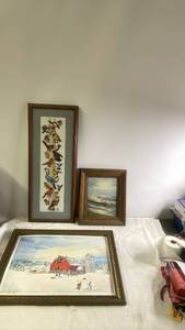 lot 227 image: Set of 3 Framed Wall Art Pieces - Embroidered Birds, Seascape Oil Painting, and Barn Holiday Print