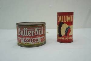 lot 127 image: Vintage Butter-Nut Coffee Can & Vintage Calumet Baking Powder Can