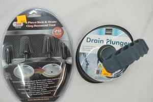 lot 179 image: 4 Piece Sink & Drain Clog Removal Tool Kit & Drain Plunger NEW