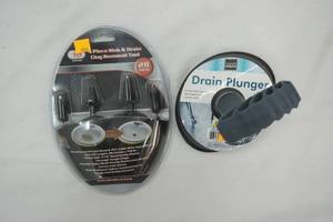 lot 180 image: 4 Piece Sink & Drain Clog Removal Tool Kit & Drain Plunger NEW