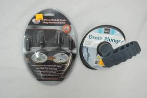 lot 181 image: 4 Piece Sink & Drain Clog Removal Tool Kit & Drain Plunger NEW