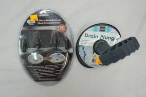 lot 182 image: 4 Piece Sink & Drain Clog Removal Tool Kit & Drain Plunger NEW