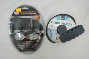 lot 183 image: 4 Piece Sink & Drain Clog Removal Tool Kit & Drain Plunger NEW