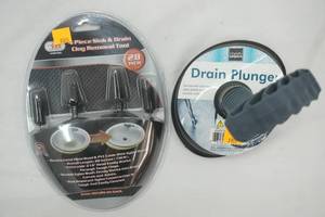 lot 184 image: 4 Piece Sink & Drain Clog Removal Tool Kit & Drain Plunger NEW