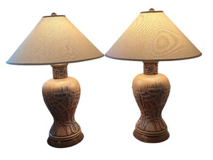 lot 35R image: LL - Pair of Table Lamps with Sculpted Base and Shades