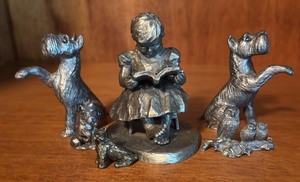lot 82R image: LL - Collection of Pewter Figurines - Girl Reading, Dogs, and Owls