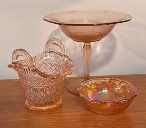 lot 141R image: LL - Vintage Carnival and Depression Glass Compote, Bowl, and Basket Dish