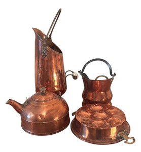 lot 144R image: LL - Vintage Copper Kitchenware Collection Including Pitcher, Kettle, Mold, and Small Pail