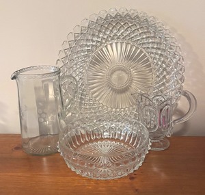 lot 146R image: LL - Vintge Crystal and Glass Serving Set with Platter, Bowl and Pitchers