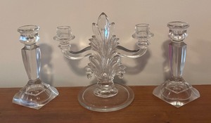 lot 150R image: Vintage Fostoria Flame Candle Holders Double Arm Fleur Du Li 2 Light Crystal and Pair of Candle Holders