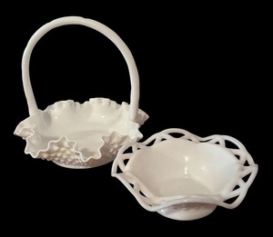 lot 156R image: LL - Set of 2 Vintage Milk Glass Hobnail Basket Bowl and Openwork Bowl