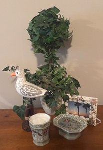 lot 162R image: LL - Home Decor Set with Faux Topiary, Seashell Frame, Traci Porter Bath Accessories and Bird Figurine