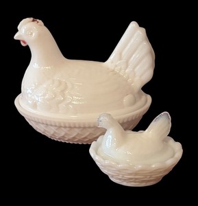 lot 188R image: LL - Two Vintage White Milk Glass Hen on Nest Covered Dishes