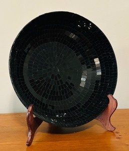 lot 44C image: LL - Black Mosaic Glass Bowl with Wood Stand