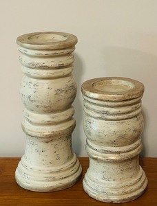 lot 46C image: LL - Pair of 14-Inch Distressed Wood Pedestal Candle Holders