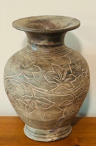 lot 49C image: LL - Antique Style 13-Inch Carved Pottery Vase with Floral Motif