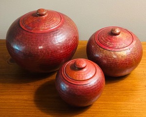lot 59C image: LL - Set of 3 Hand-Hammered Red Metal Jars with Lids, Made in Mexico