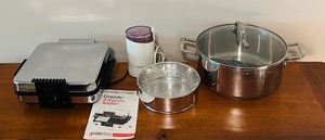 lot 60C image: LL - Kitchen Appliance and Cookware Set Including VillaWare Waffler, Krups Grinder, Stock Pot, Steamer Basket, and Pyrex Bake Dish