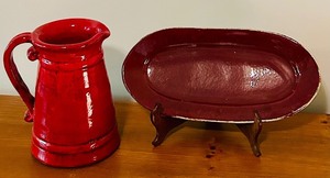 lot 61C image: LL - Red Ceramic Pitcher and Oval Platter Set