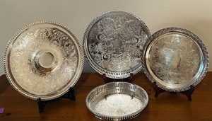 lot 73C image: LL - Set of 4 Ornate Silverplate Serving Trays, Largest 12 Inches, Mixed Makers