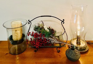 lot 77C image: LL - Decorative Tabletop Set with 18-Inch Glass Candle Holder, Brass Lamp, Tray with Holiday Arrangement, and Pottery Vase