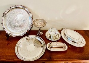 lot 84C image: LL - Vintage Silver Plate Serving Set with Trays, Covered Dish, Compote, and Butter Dish