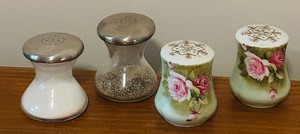 lot 102C image: LL - Two Sets of Salt and Pepper Shakers - 2 Vintage Porcelain Floral and 2 Glass with Metal Tops
