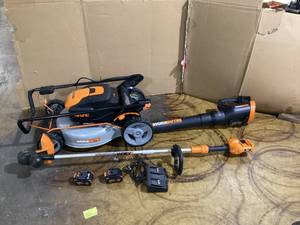 lot 40 image: LOT OF 3 Worx Nitro Lawn Mower,Blower,and Trimmer