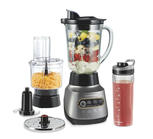 lot 20 image: Hamilton Beach 3-in-1 Electronic Kitchen System, Smoothie Blender with 48 oz. Glass Jar, Food Processor Attachment and 20 oz. Travel Jar