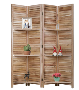 lot 56 image: 4 Panel Room Divider Folding Privacy Wooden Screen With Three Clever Shelf Portable Partition Screen Screen Wood for Home Office , Natural