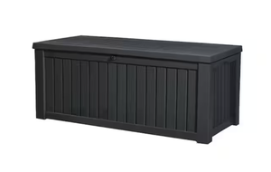 lot 69 image: Keter 150 Gal. Large Deck Box Resin Grey for Patio Garden Furniture, Rockwood Outdoor Storage Container