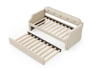 lot 73 image: Upholstered Daybed with Trundle, Wood Slat Support,Upholstered Frame Sofa Bed, Twin, Beige