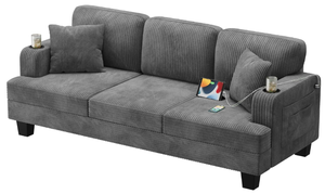 lot 74 image: JUMMICO Sofa for Living Room, 83 Comfy Couch with USB and Type-C Port, 3 Seat Corduroy Sofas with 2 Pillows and Cup Holders for Apartment, Small Space (Grey)
