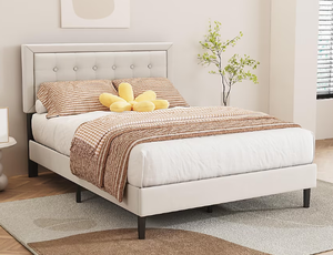 lot 75 image: Full beige Metal Tufted Bed Frame with Headboard