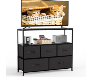 lot 407 image: TV Stand Dresser for Bedroom Television Stand Small, Entertainment Center with Storage for Living Room, 5 Fabric Drawers, Open Bookshelf, Black