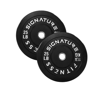 lot 98 image: BalanceFrom Pair of 25LB Black Bumper Plates, 100% Virgin Rubber, 2-Inch Olympic Size, Low Odor & Low Bounce, 50LB Total for Weightlifting & Home Gym