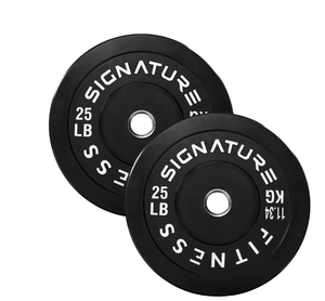 lot 100 image: BalanceFrom Pair of 25LB Black Bumper Plates, 100% Virgin Rubber, 2-Inch Olympic Size, Low Odor & Low Bounce, 50LB Total for Weightlifting & Home Gym