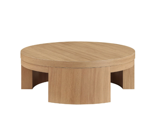 lot 402 image: Beautiful Mod Round Coffee Table by Drew Barrymore, Warm Honey Finish