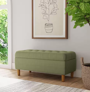 lot 404 image: Homepop Light Sage Green Velvet Button Tufted Fawn Velvet 40 in Bedroom Bench Backless with Cone Wood Legs and Storage
