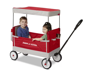 lot 438 image: Radio Flyer, Family Wagon with Canopy, Folding Wagon, Light Gray and Red