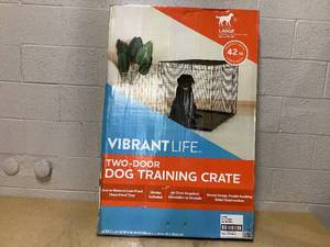 lot 452 image: Vibrant Life Wire Dog Crate, Double-Door, Divider and Leak-Proof Tray, Metal, Foldable, Durable, Black, 42