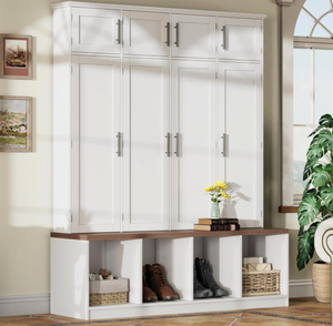 lot 92 image: Merax Hall Tree with Entryway Bench and Shoe Storage Compartments, Particle Board Multi-Functional Cabinet with 4 Hanging Hooks, White Size 15D x 59W x 74H