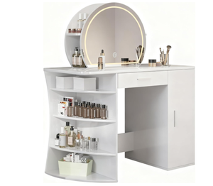 lot 95 image: Vanity Desk with Mirror and Lights & Hidden Storage,3-Color Adjustable Lights, 4-Tier Open Shelves,Large Drawer, Extra-Wide 19.3 Desktop