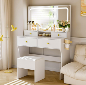 lot 308 image: Pamapic Vanity Desk with Upgraded Silent Slides, 2 Piece Makeup Vanity, Golden Handles, 8 Drawers and 3 Lighting Modes Dressing Table with Lights and Charging Station