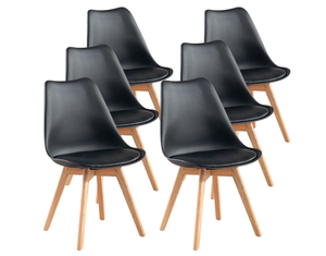 lot 311 image: Dining Chairs Set of 6, Faux Leather Cushioned Upholstered Side Chairs Armless Mid-Back for Dining Room, Soft Padded Seats & Solid Wood Legs, Black