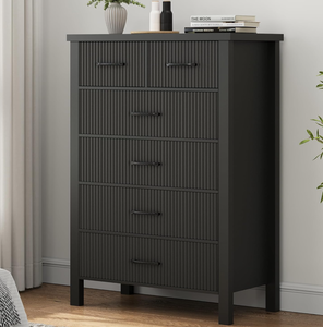lot 312 image: Fluted 6 Drawers Dresser for Bedroom, Tall Modern Chest of Drawers with Metal Handle, Wooden Closet Clothes Storage Organizer for Living Room, Hallway (Black)