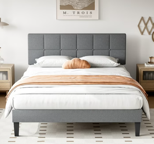 lot 348 image: GIANNA Queen Size Platform Bed Frame with upholstered headboard, Gray, 63.98W x 82.87D x 44.88H