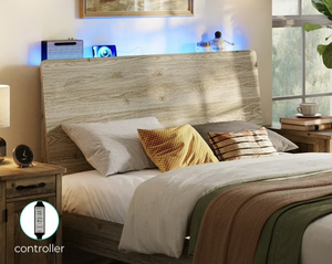 lot 349 image: Linsy Home Full Bed Frame With Ergonomic Headboard & Storage Shelf, Wood Platform Bed Frame with Lights, Outlets & USB, Off-white